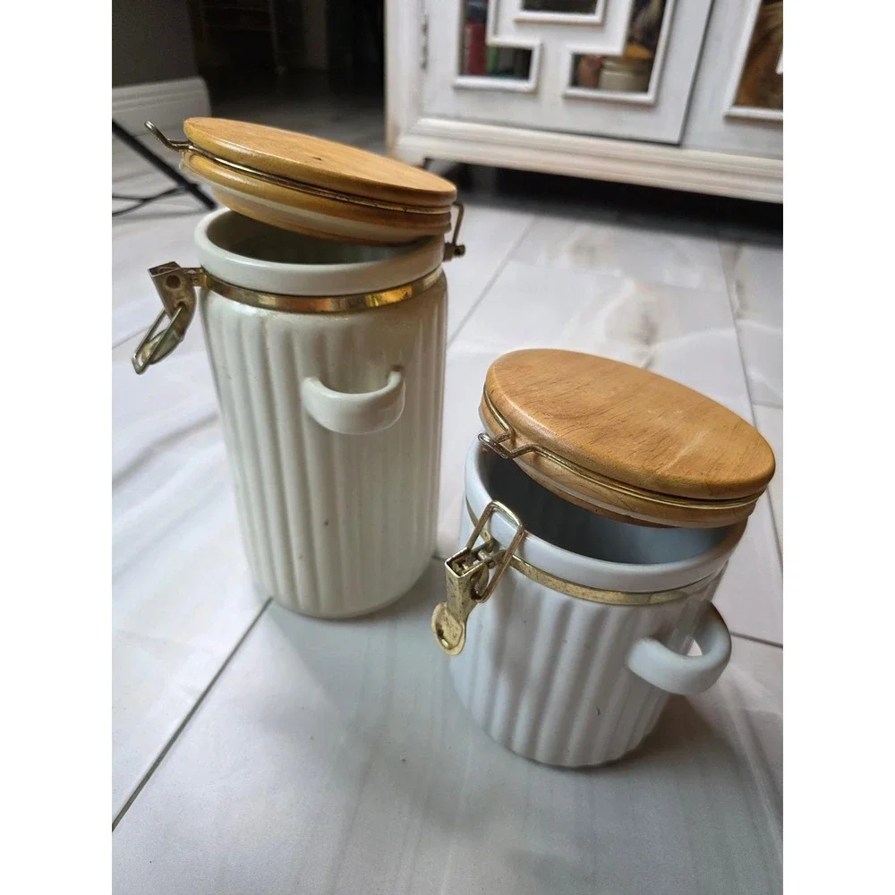 Vintage Ceramic Canister Set‎ Wood Lids Clamp Latch Farmhouse Kitchen Storage B2